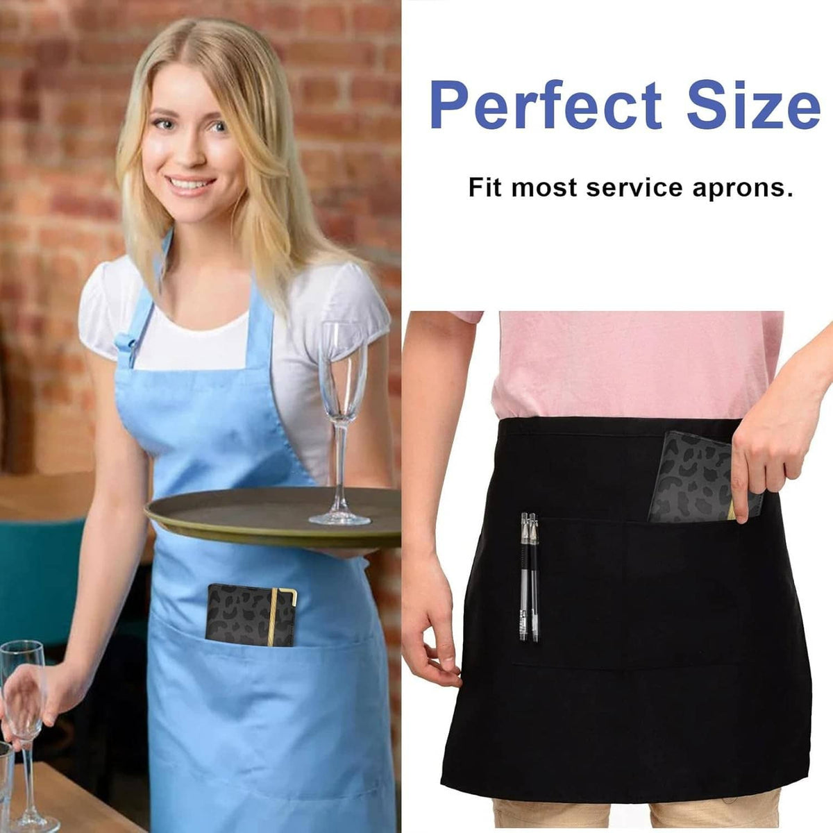 Leopard-print server book tucked in apron pocket with gold trim, black cover.
