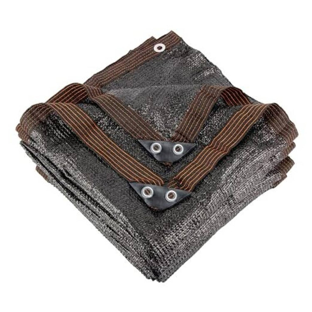 Black HDPE shade cloth panel with reinforced edge and metal grommets, folded bundle.