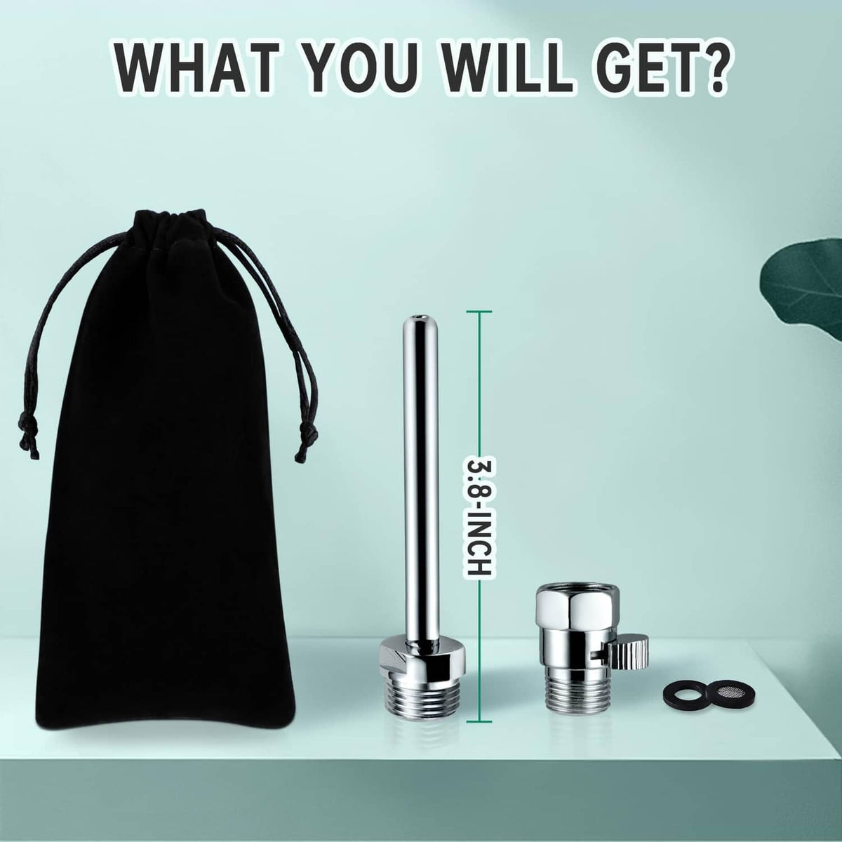 Chrome shower douche nozzle kit with black pouch, O-rings, and threaded connectors