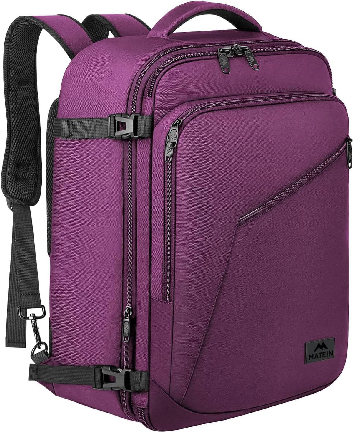 Purple travel backpack with front zip pocket, side release buckle, adjustable shoulder straps