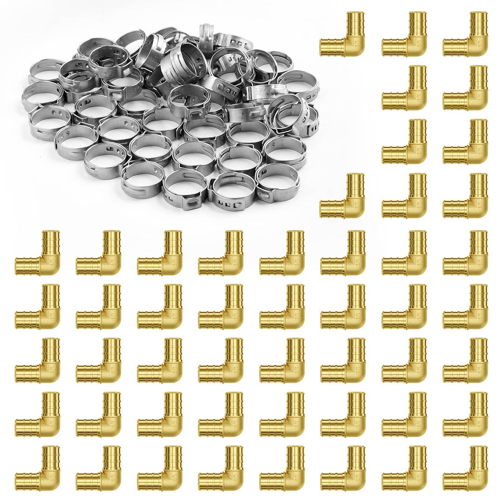 Brass clamp-style elbow pipe fittings, 1/2 in, assorted set of 50
