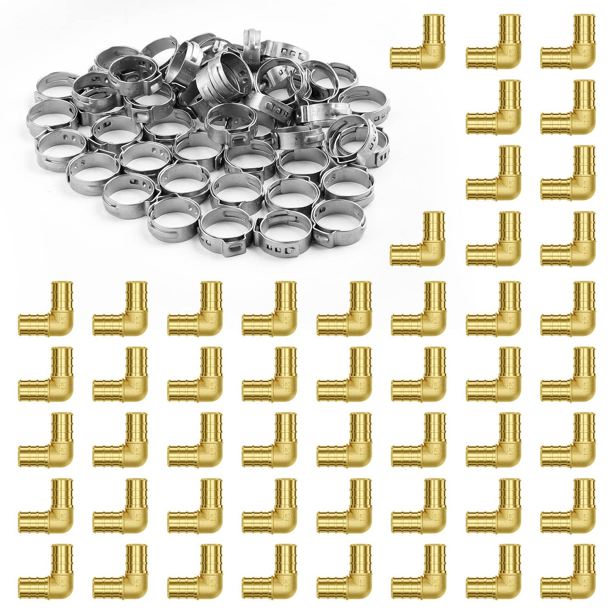 Brass clamp-style elbow pipe fittings, 1/2 in, assorted set of 50