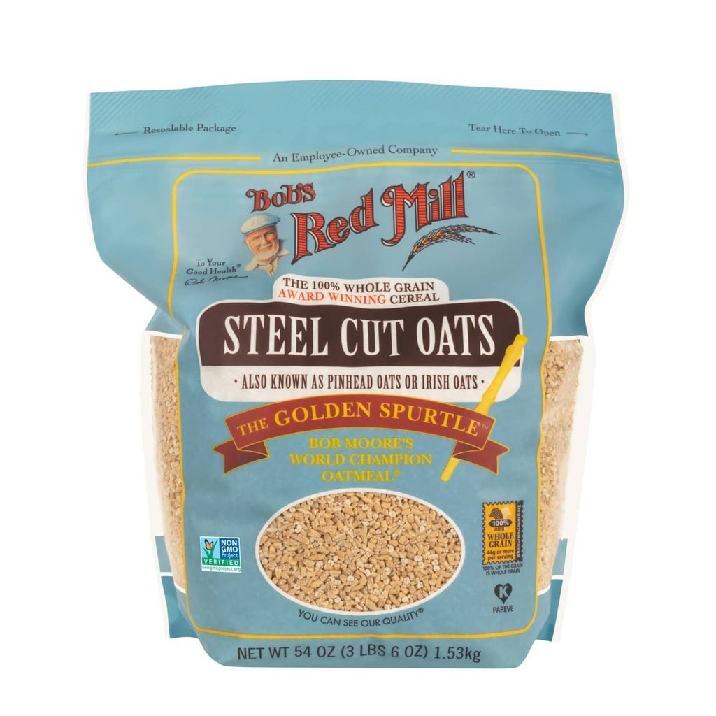 Bob's Red Mill steel cut oats pouch with grain photo and golden spice ribbon badge