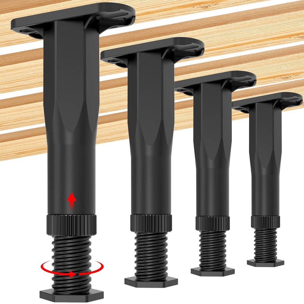 Adjustable bed frame legs set of 4, black plastic with threaded height adjusters