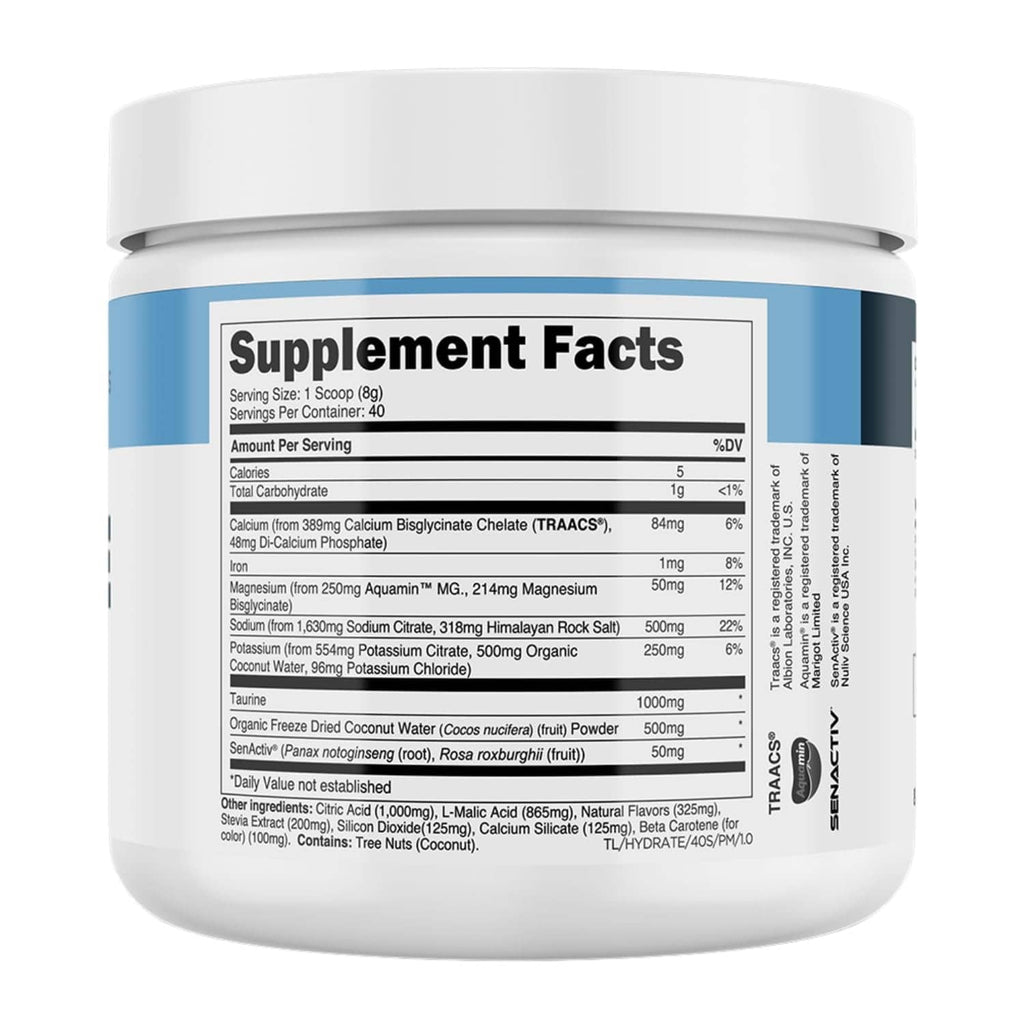 Hydrate electrolyte supplement tub back with “Supplement Facts” and ingredient list