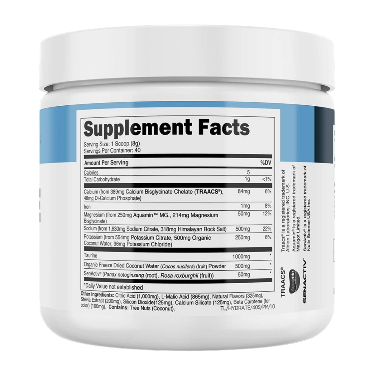 Hydrate electrolyte supplement tub back with “Supplement Facts” and ingredient list