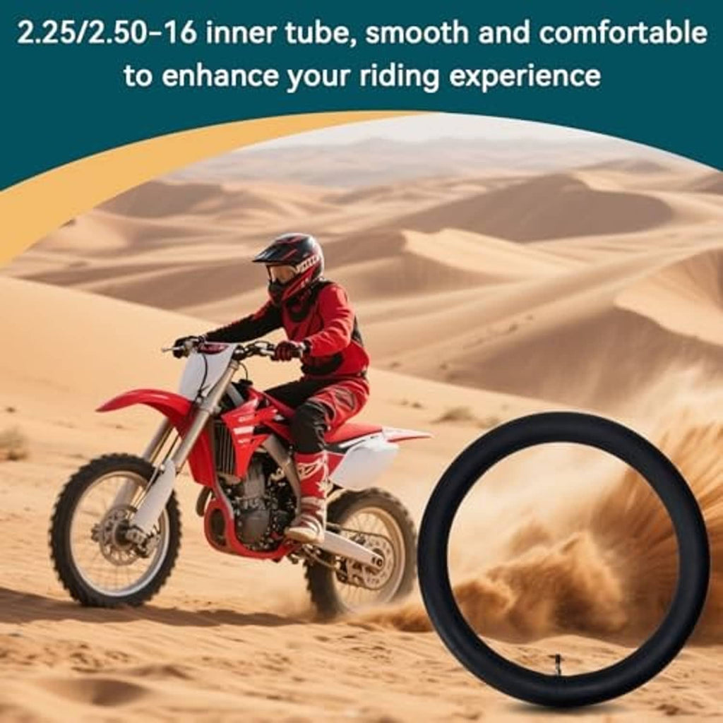 Black dirt bike inner tube with valve stem, shown next to a riding motorcycle wheel.