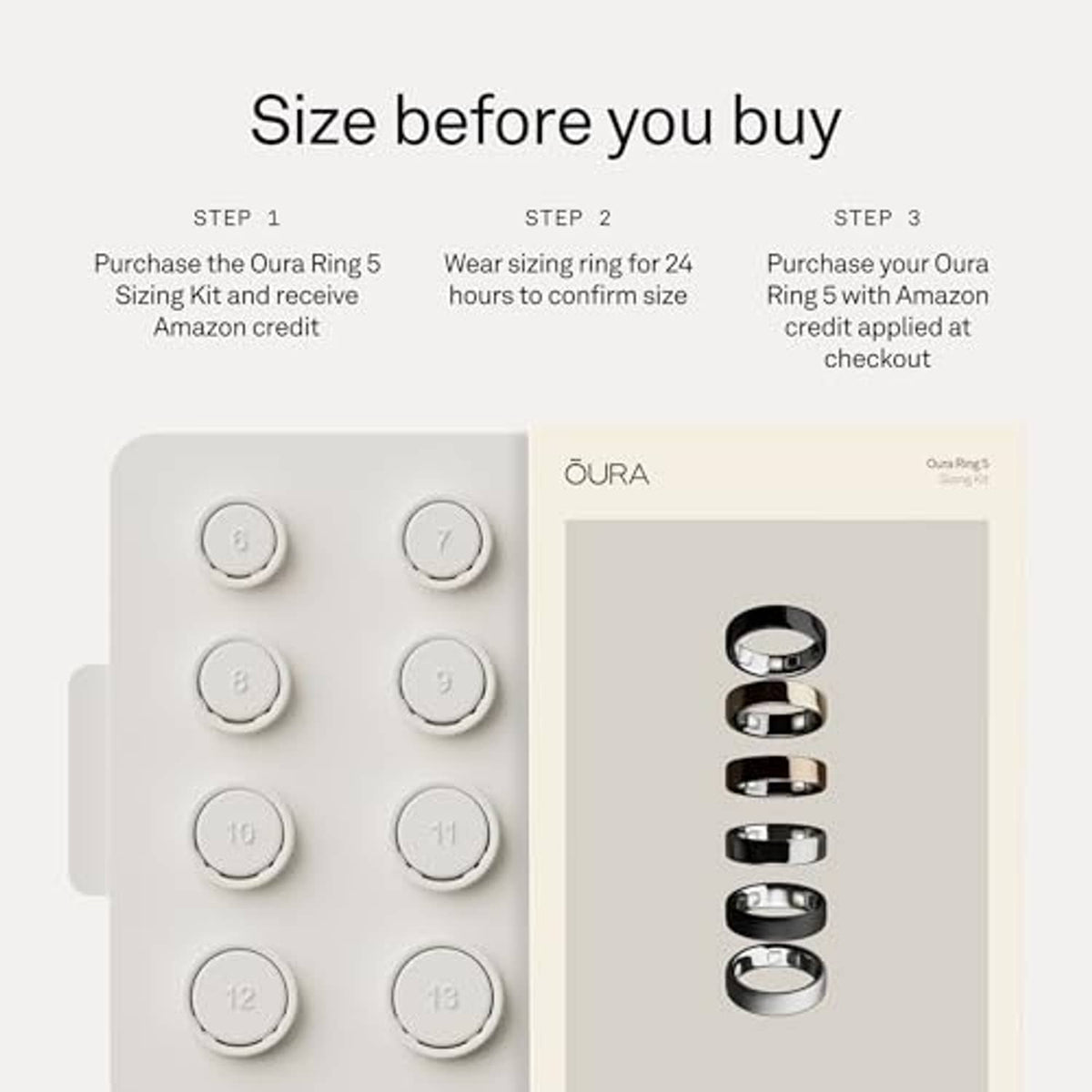 Ring size guide kit with numbered sizer rings on a white display card