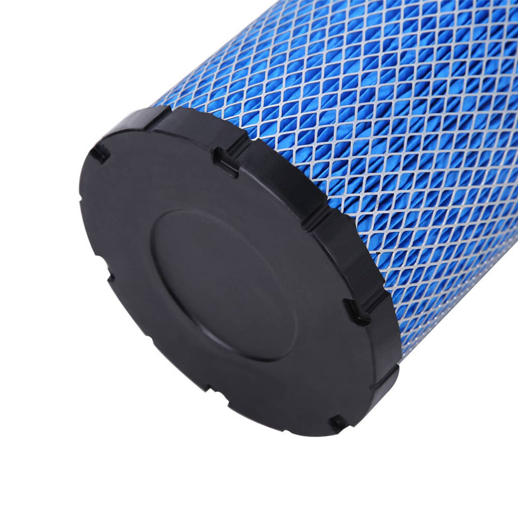 Angled view of blue mesh air filter cartridge with black end cap detail