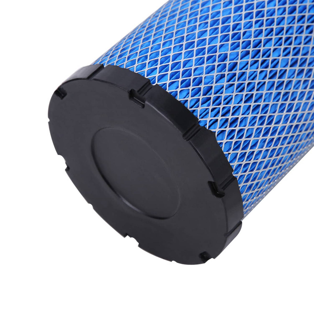 Angled view of blue mesh air filter cartridge with black end cap detail
