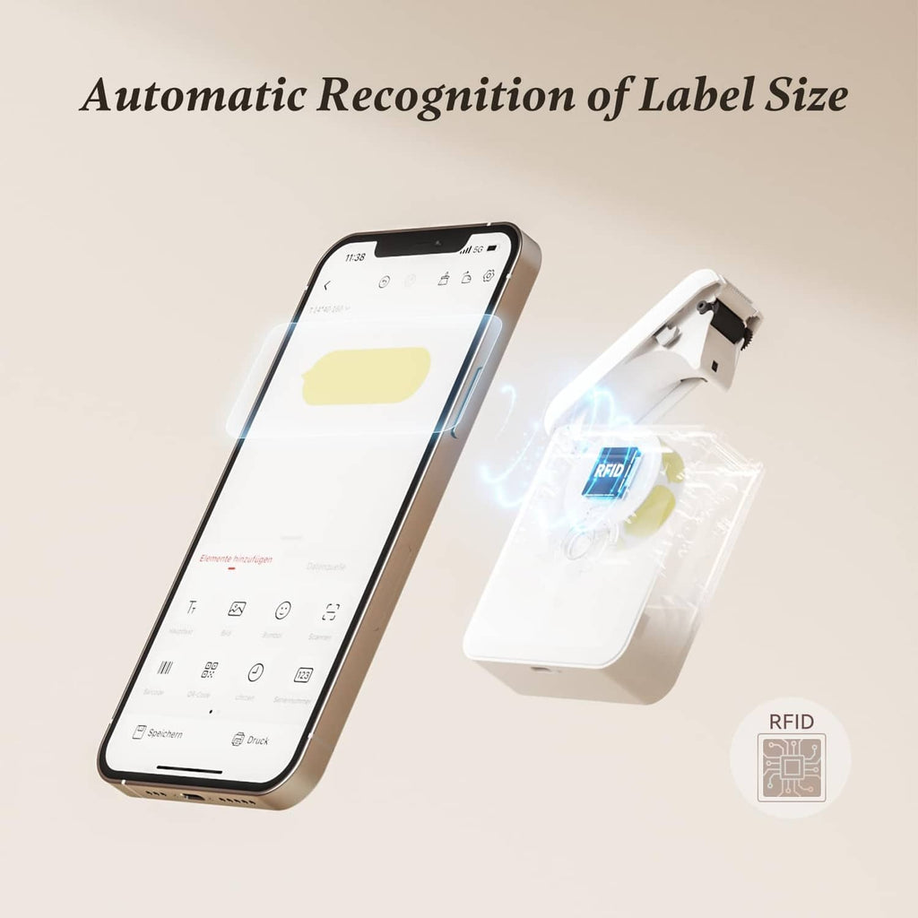 White thermal label maker with smartphone screen and label printer module