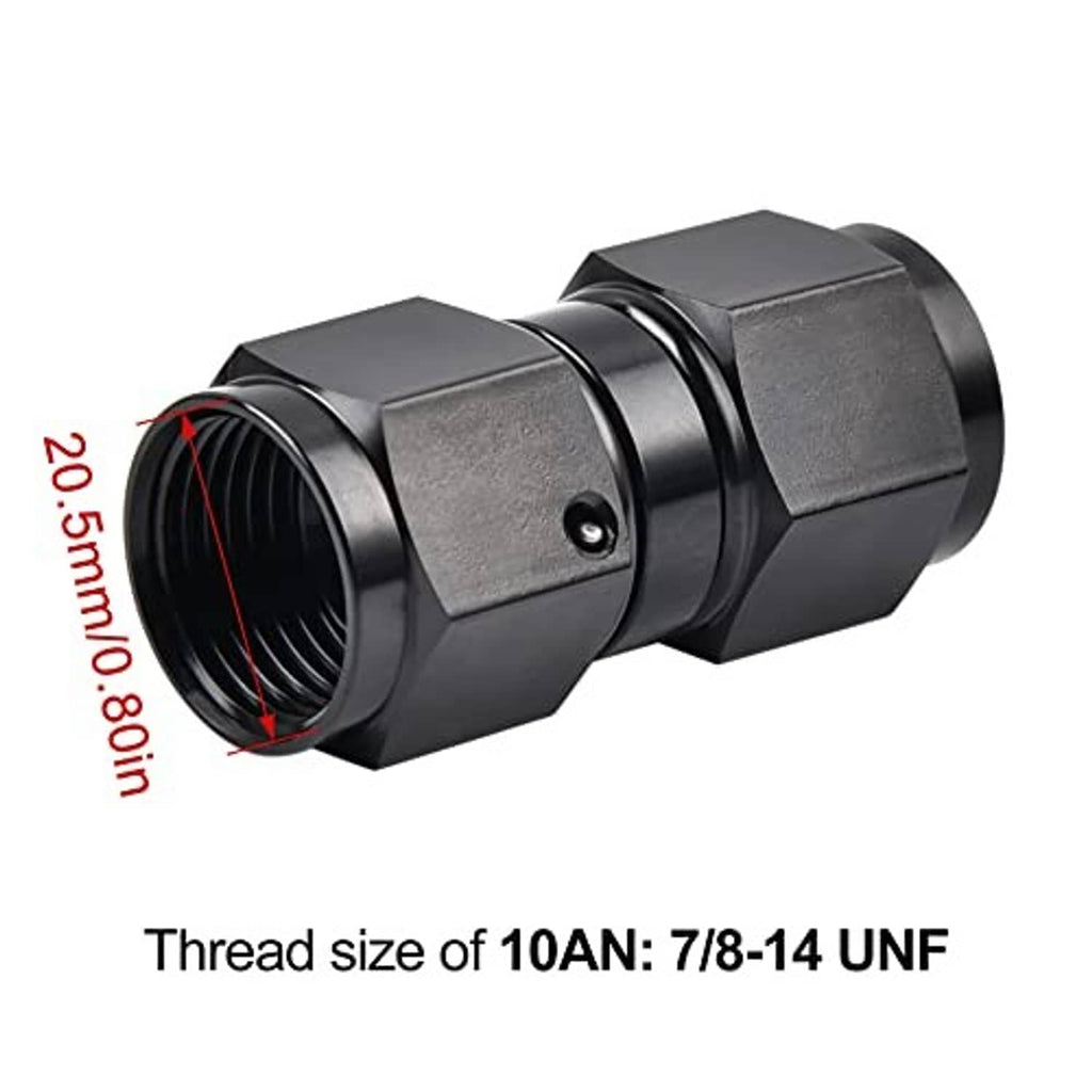 Black AN swivel coupler adapter, long straight body with female threaded ports