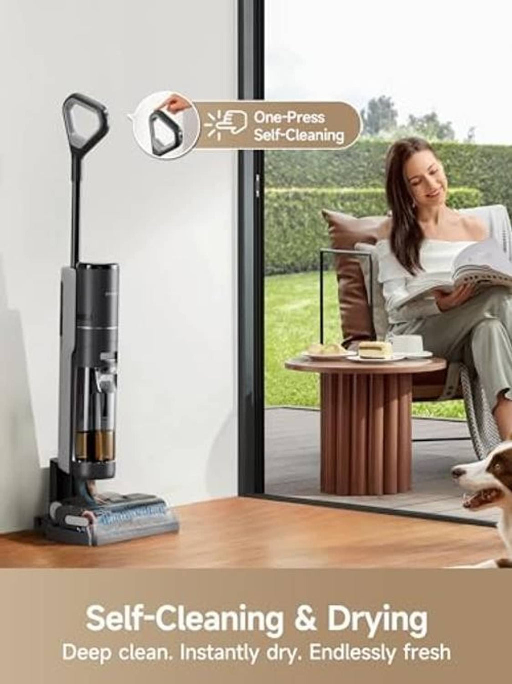 Vacuum mop charging stand with self-cleaning dock and upright canister, black