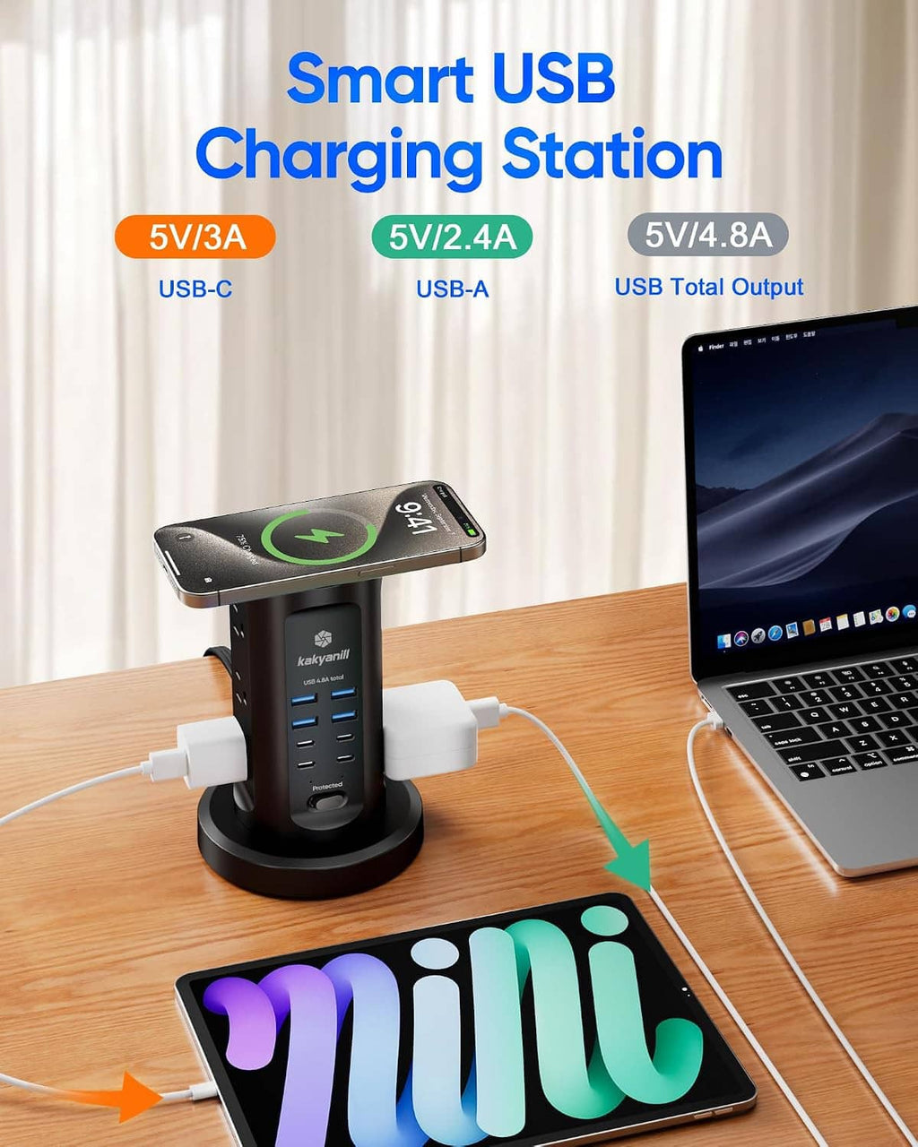 Power strip tower charging station with USB-A, USB-C ports and wireless pad
