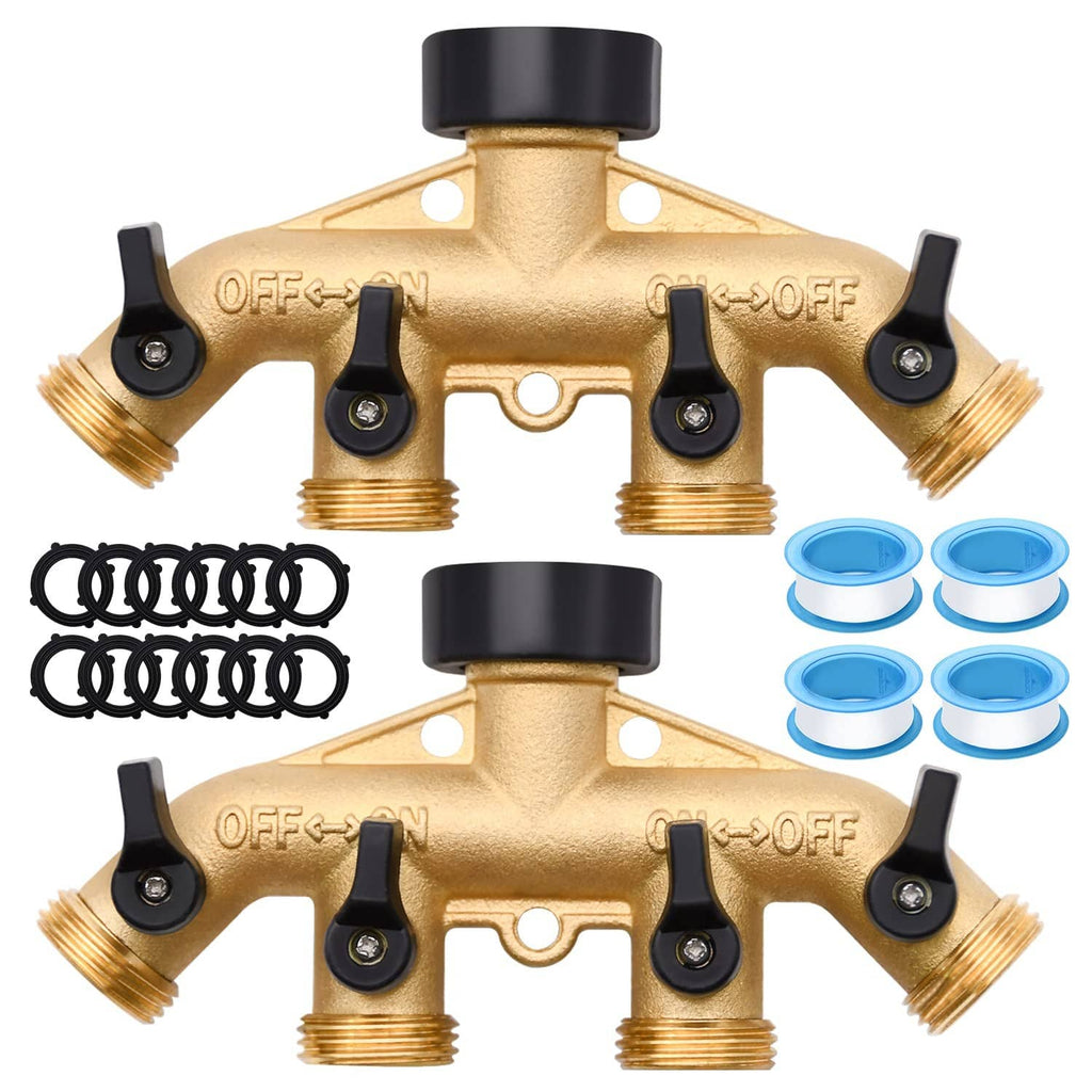 Brass 4-way garden hose splitter with four outlet spigots and black ON/OFF knobs