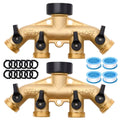 Brass 4-way garden hose splitter with four outlet spigots and black ON/OFF knobs
