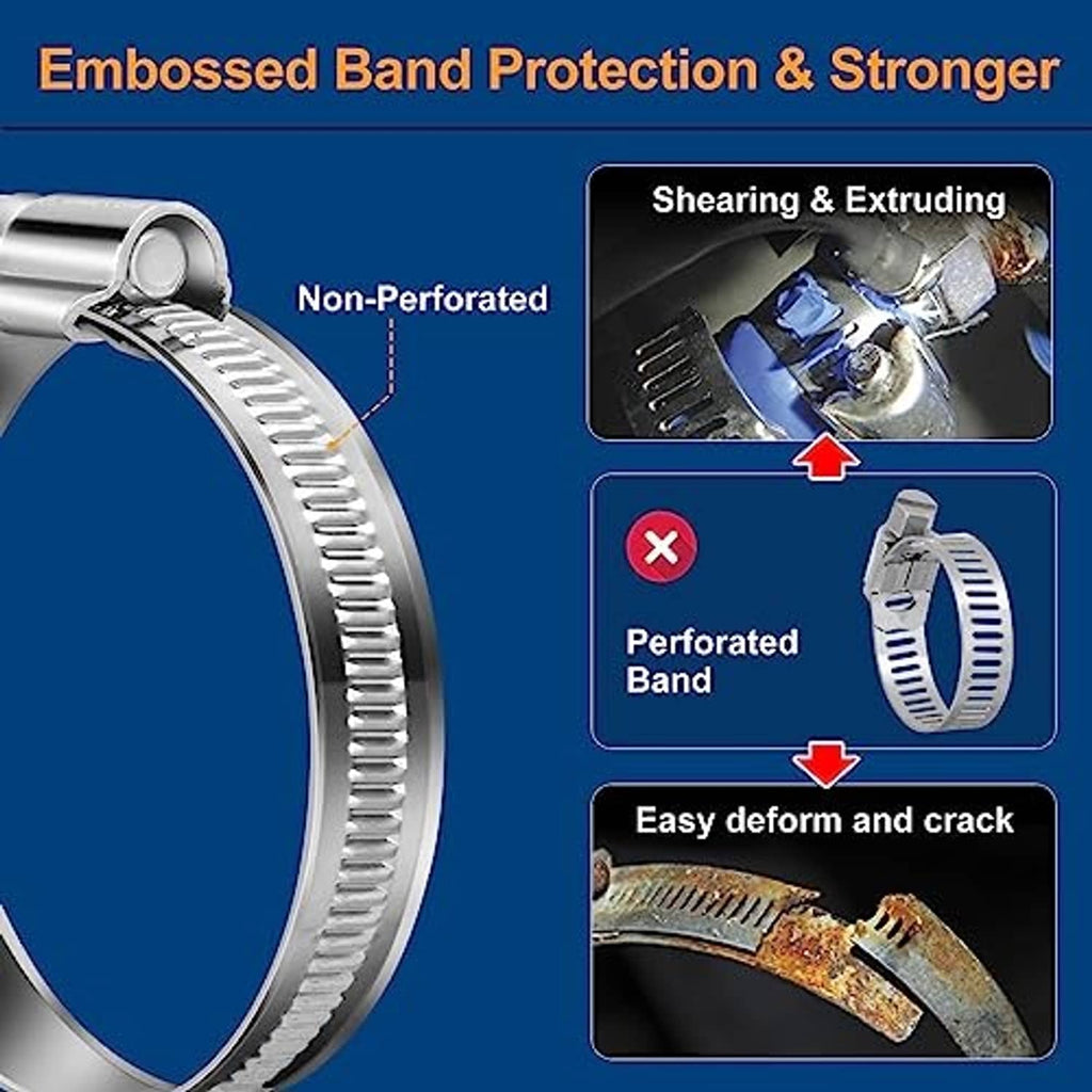 Embossed non-perforated band worm gear hose clamp design for stronger grip