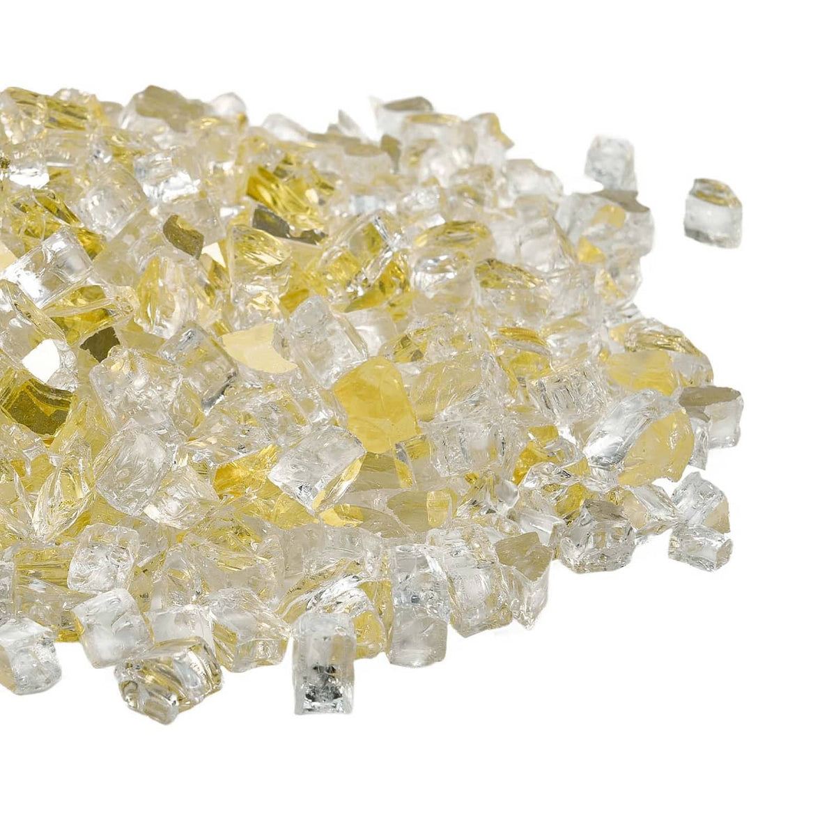 Close-up of Uimoso gold crushed fire pit glass rocks, reflective glass chunks