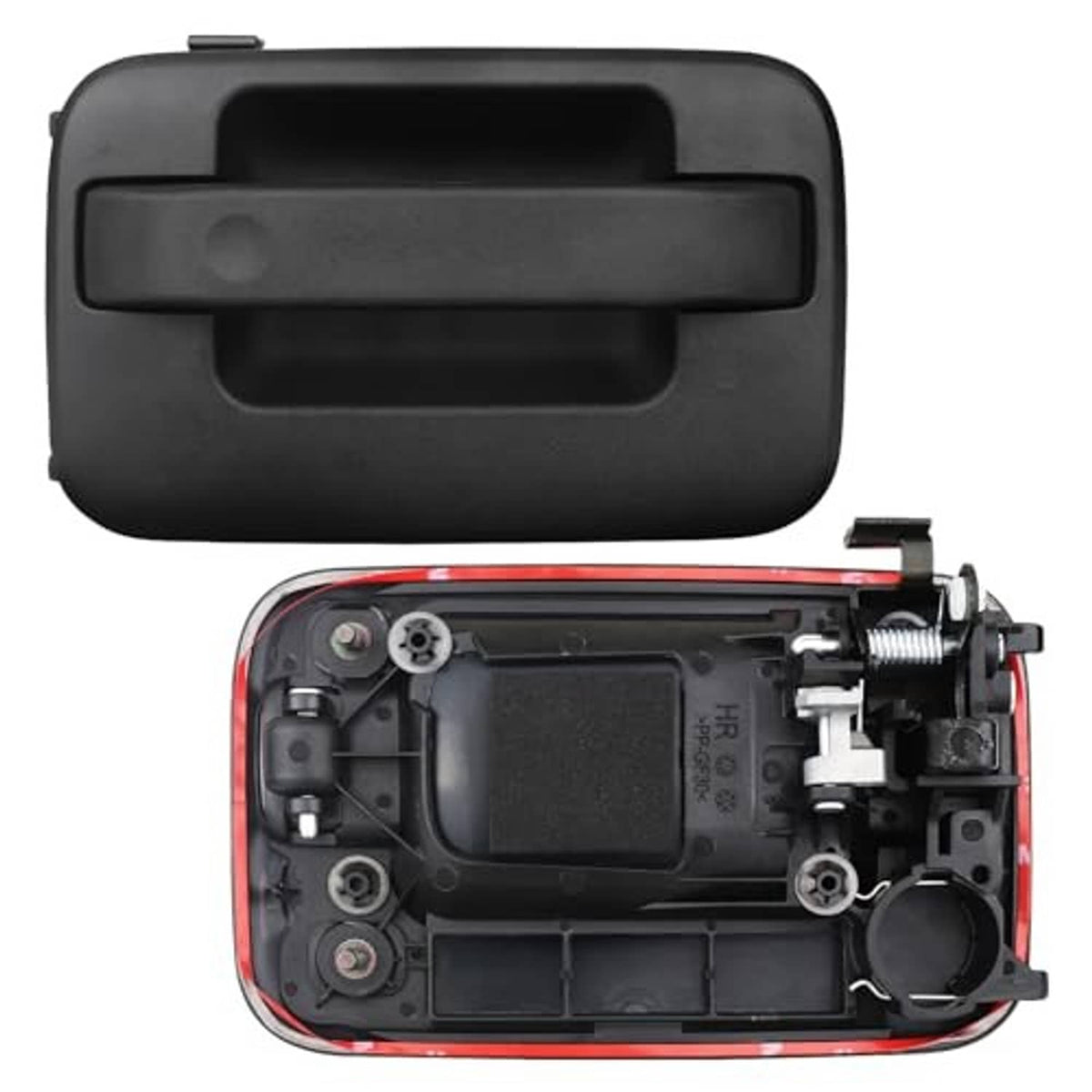 Black outside door handle interior housing with mounting hardware exposed