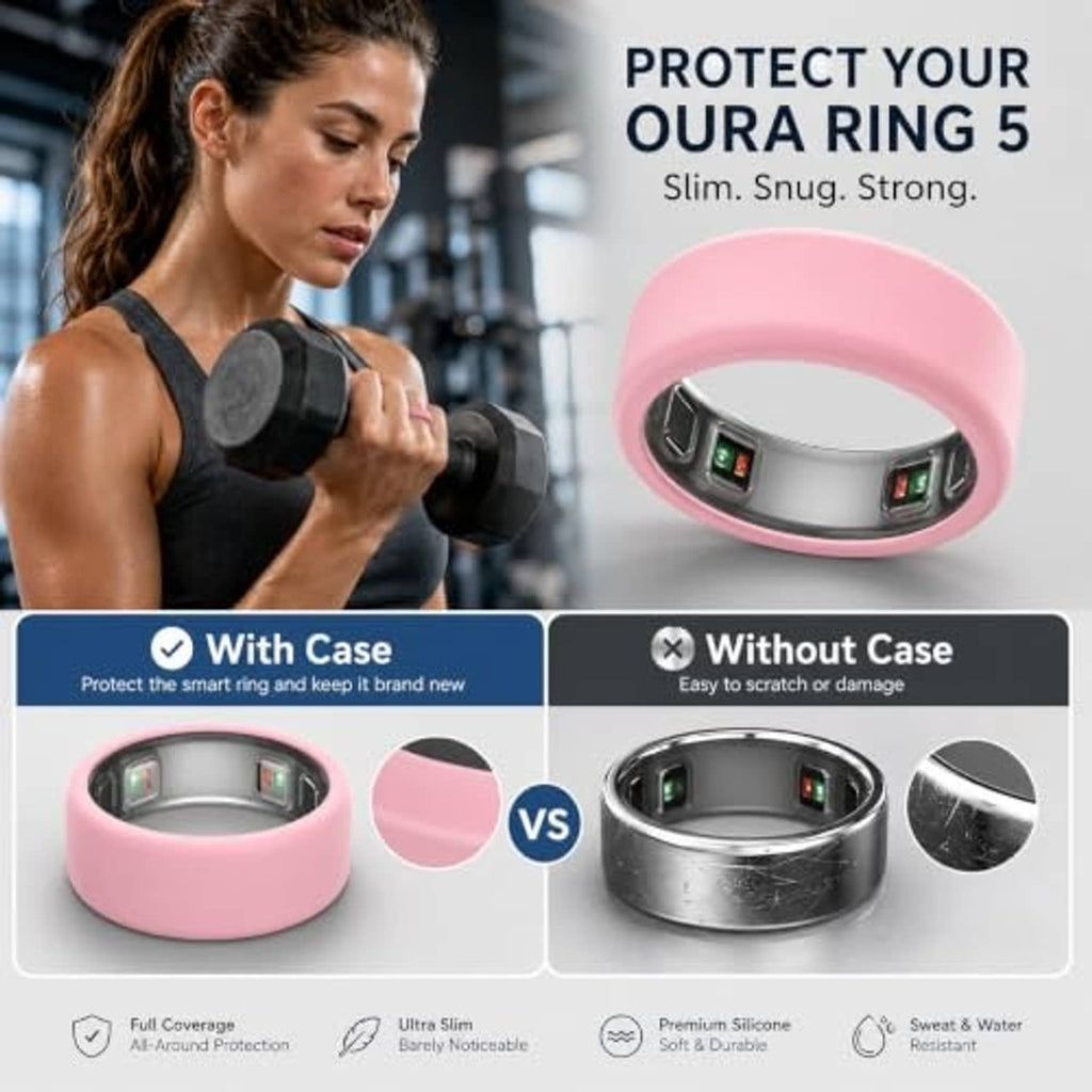 Pink silicone ring cover with metal ring sensor window, for smart ring protection