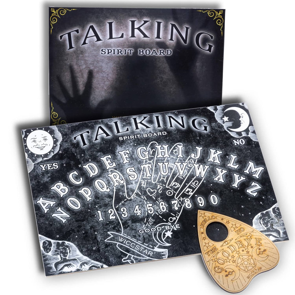 Talking spirit board game set with black board and gold planchette, includes box