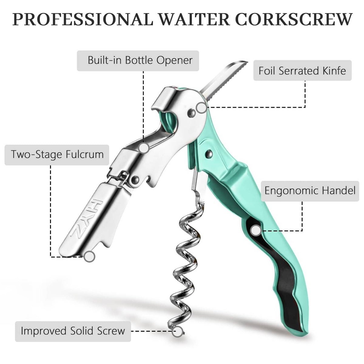 Mint green waiter corkscrew with serrated foil knife and built-in bottle opener