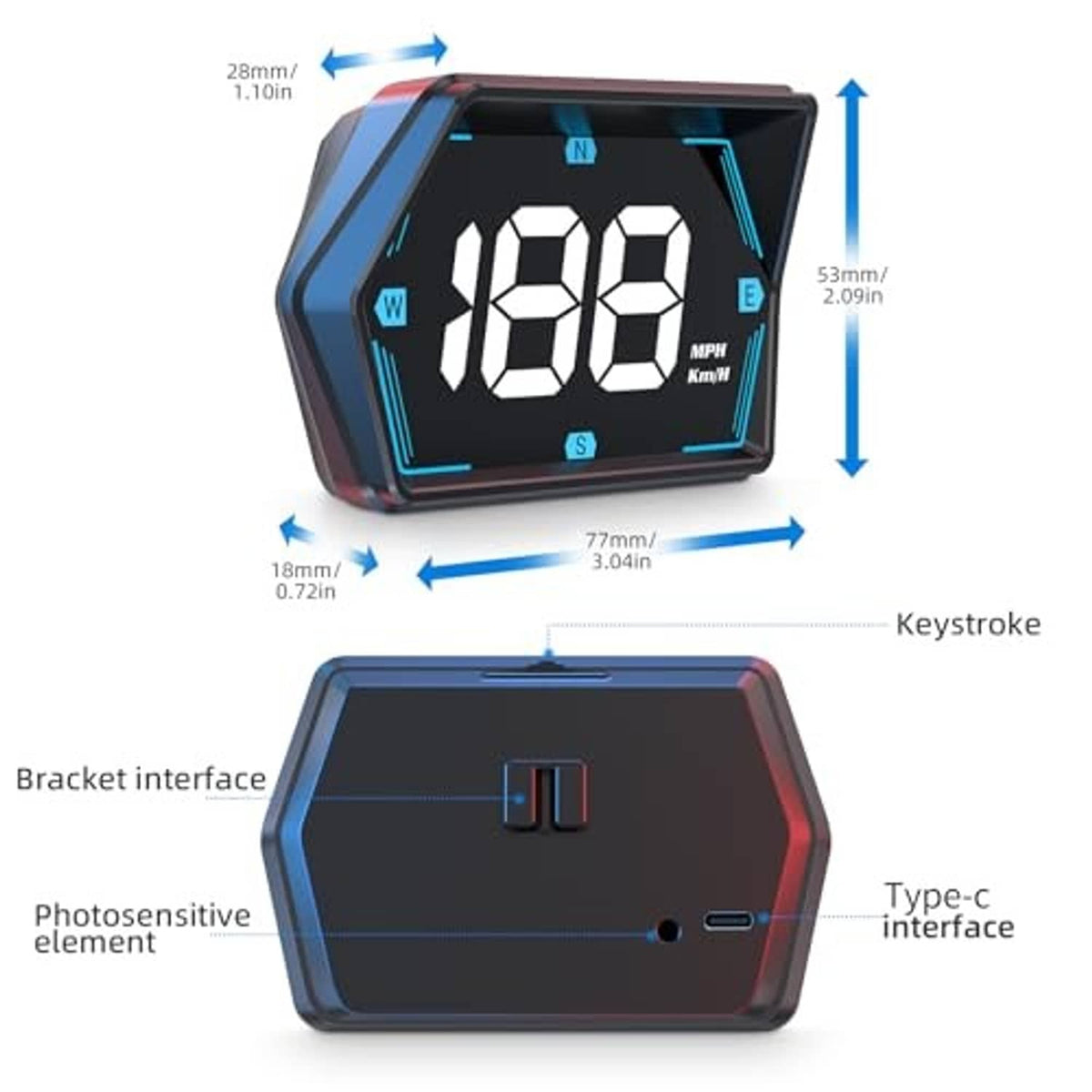 GPS head-up speedometer device shown from below with Type-C port and bracket interface
