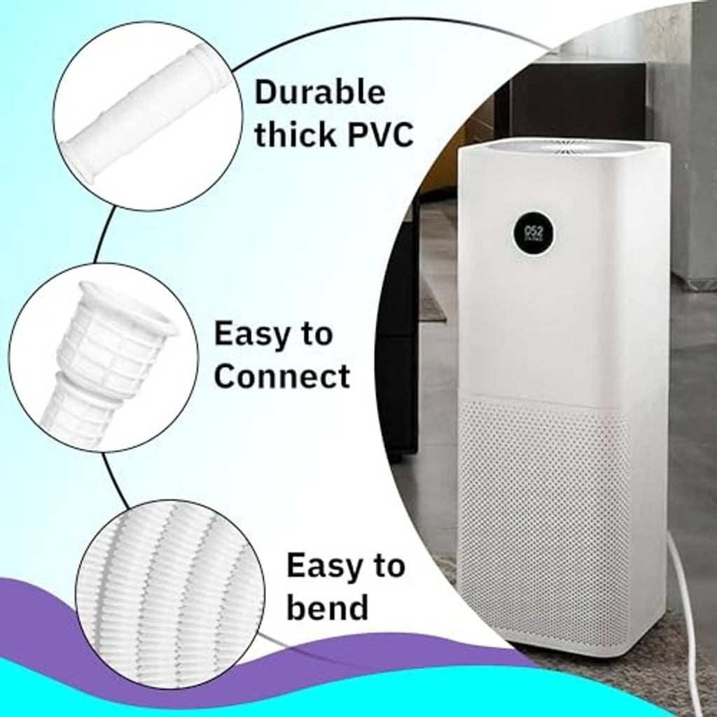 White thick PVC-style drain hose coil with adapter ends; connectable flexible tubing