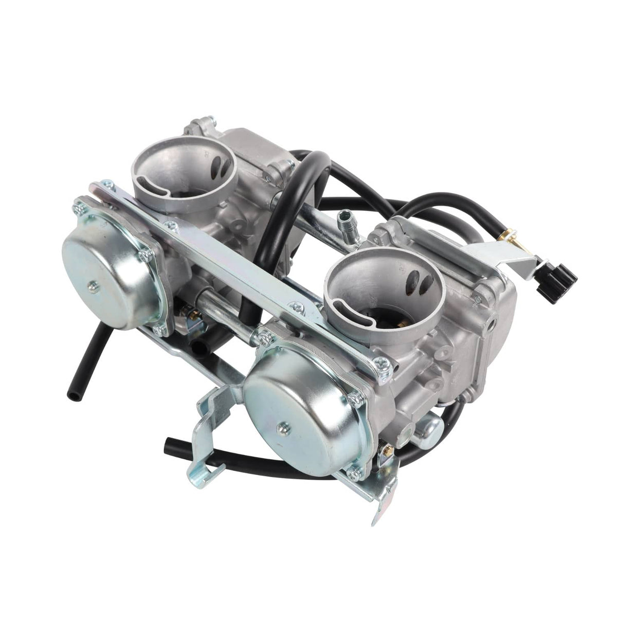 Carburetor assembly with dual throttle bodies, metal housing and black fuel lines
