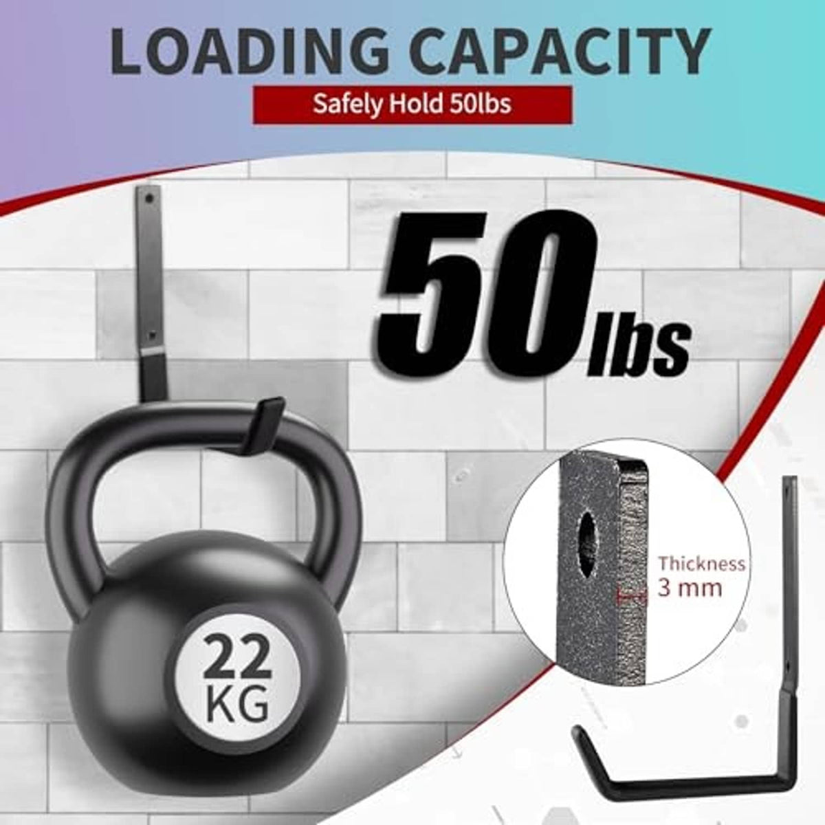 Steel wall hook with black rubber-coated U-shaped design and shown 3 mm thickness