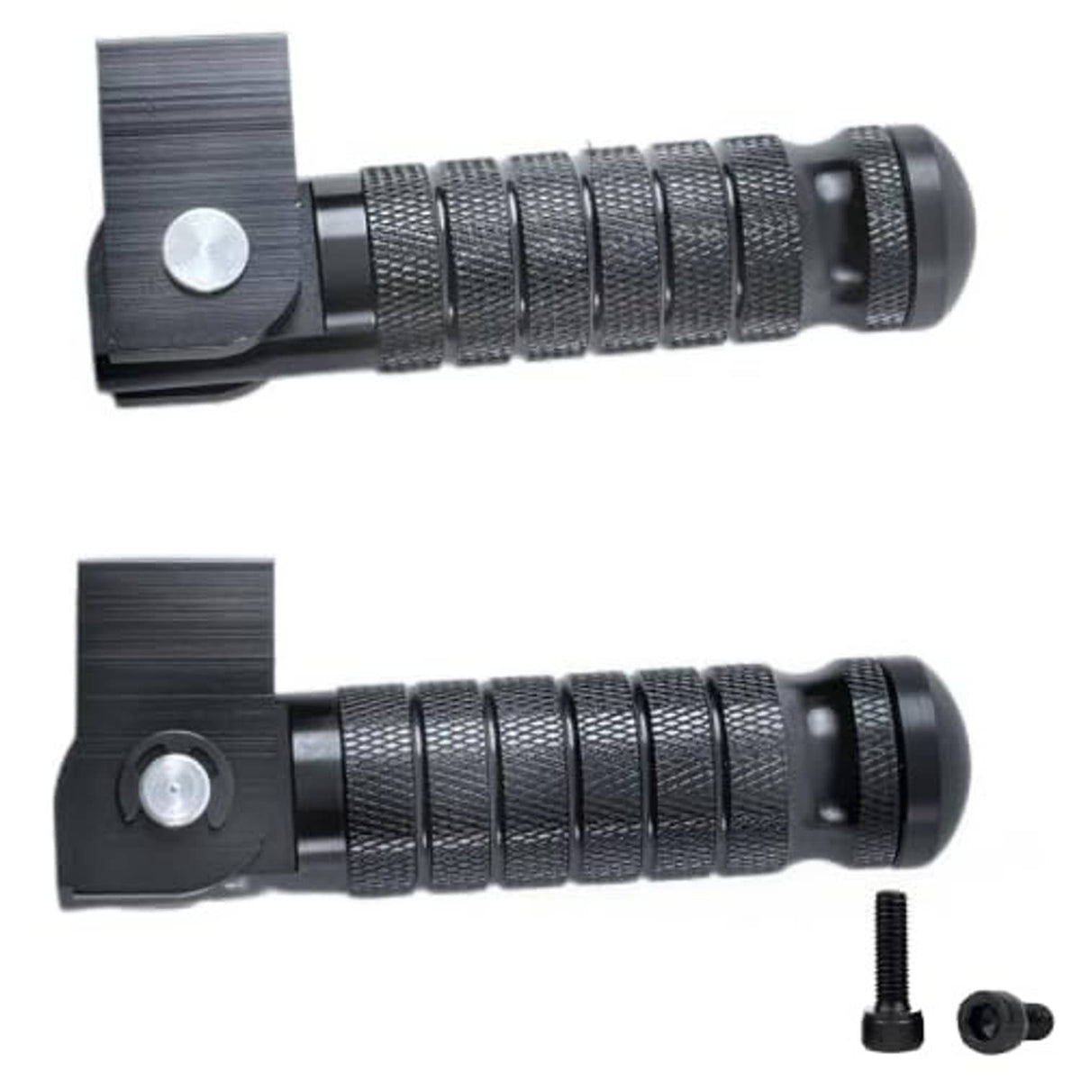 Set of black CNC motorcycle foot pegs with textured footrests, mounting brackets, and screws