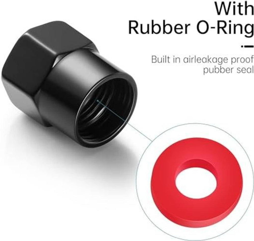 Black metal Nissan valve stem cap with built-in rubber O-ring seal