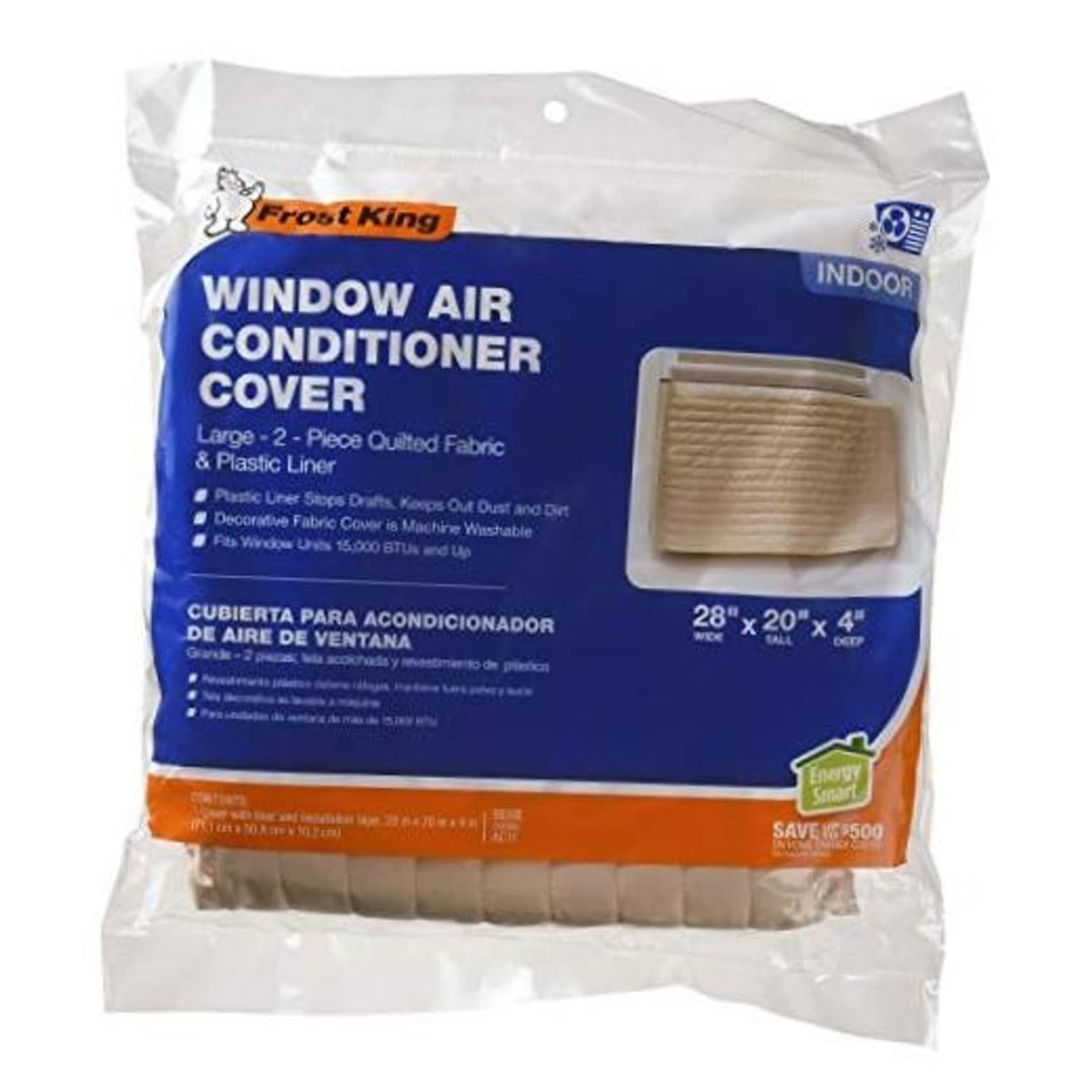 Beige quilted indoor window air conditioner cover, 2-piece set, in retail bag