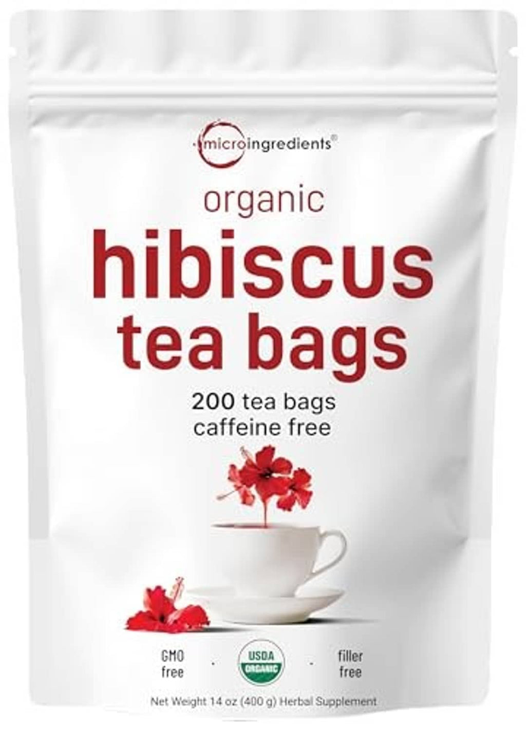 Organic hibiscus tea bags pouch, 200-count, caffeine free, with red tea cup icon