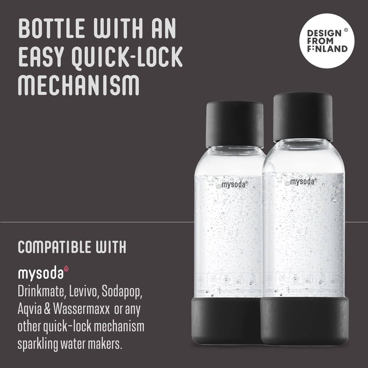 Mysoda carbonating bottles set with easy quick-lock caps, clear glassy bodies