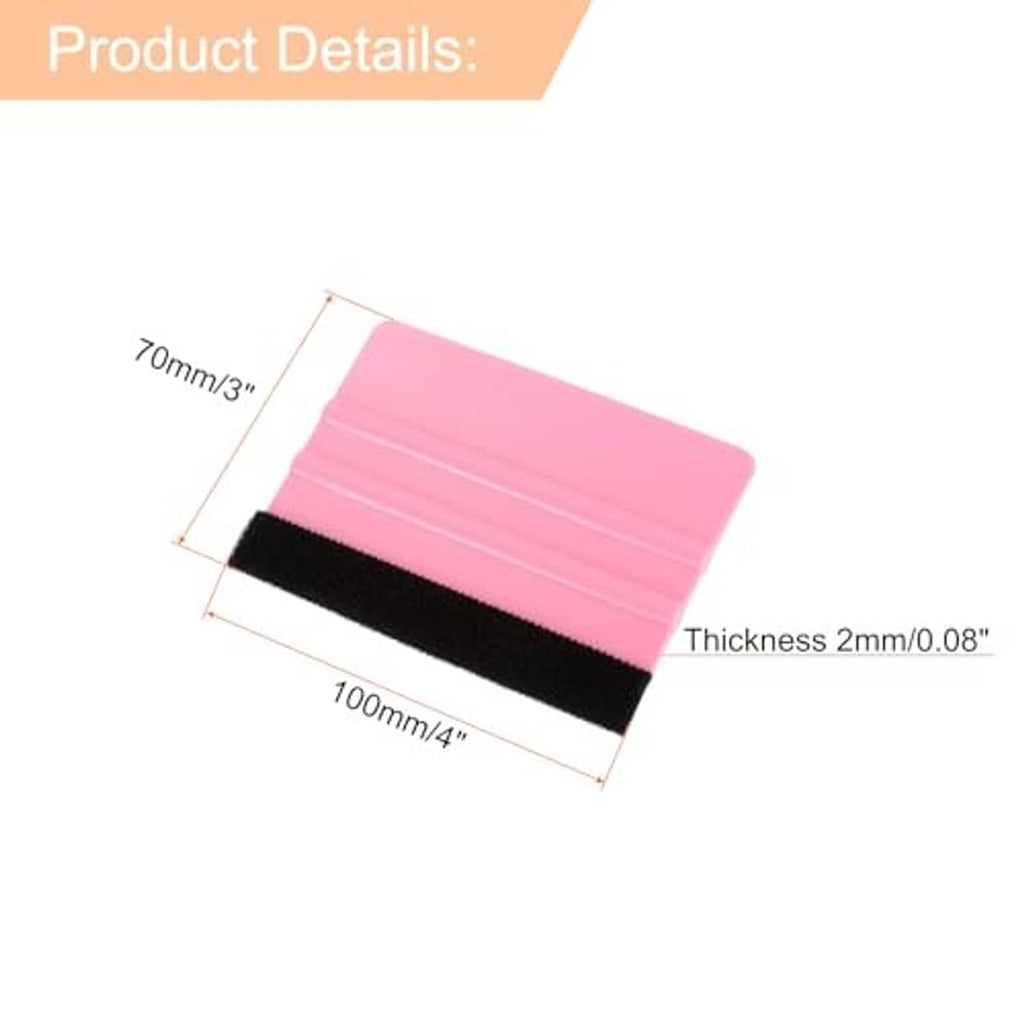 Pink vinyl squeegee with black felt edge, shown with size dimensions