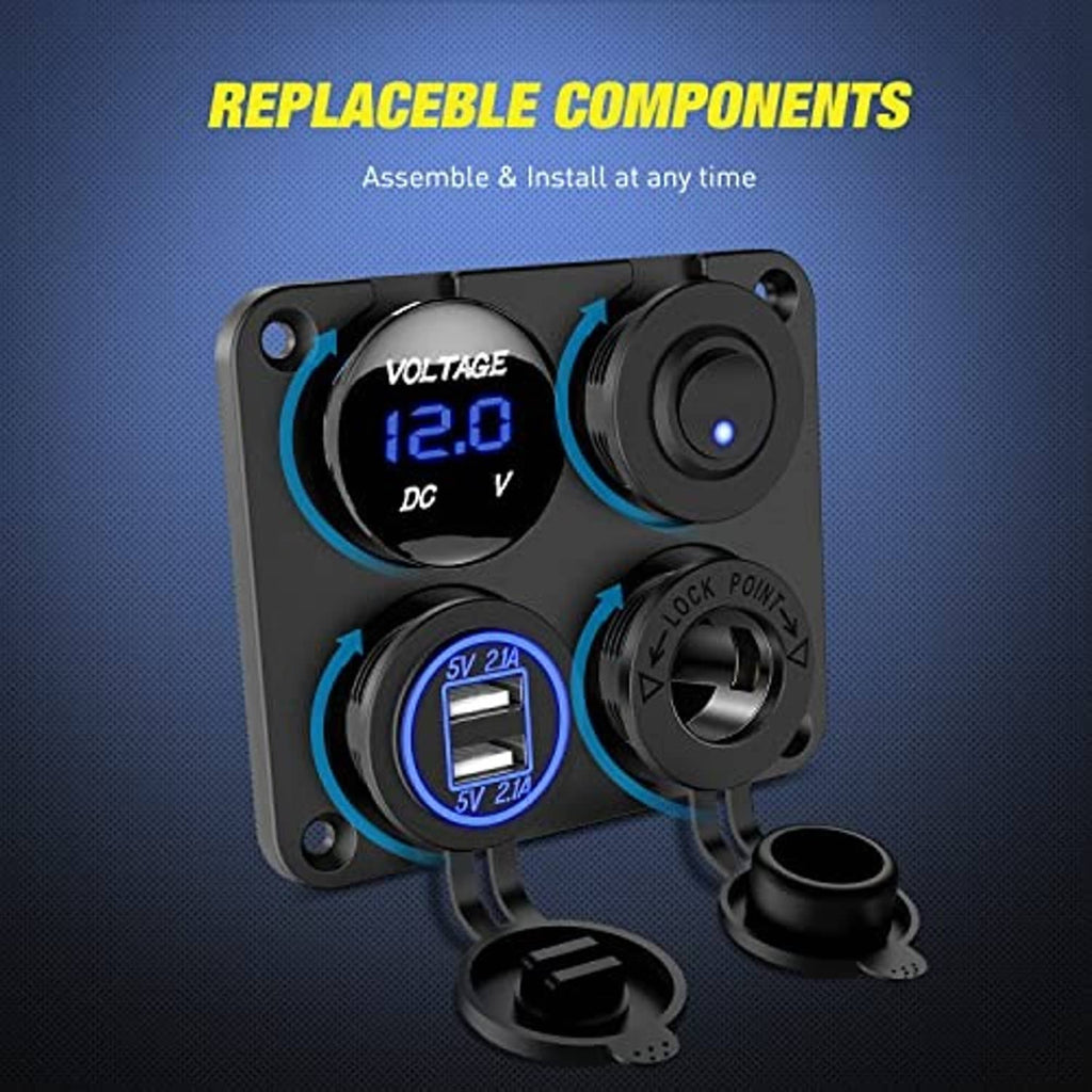 Black charger panel with dual USB module, cigarette lighter socket, and wiring connectors