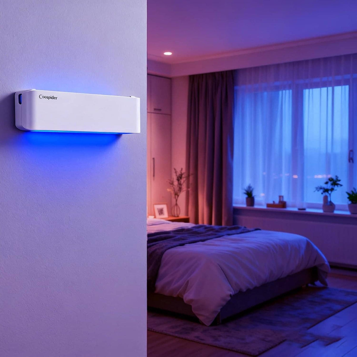 White wall-mounted UV fly trap sconce with blue light glow