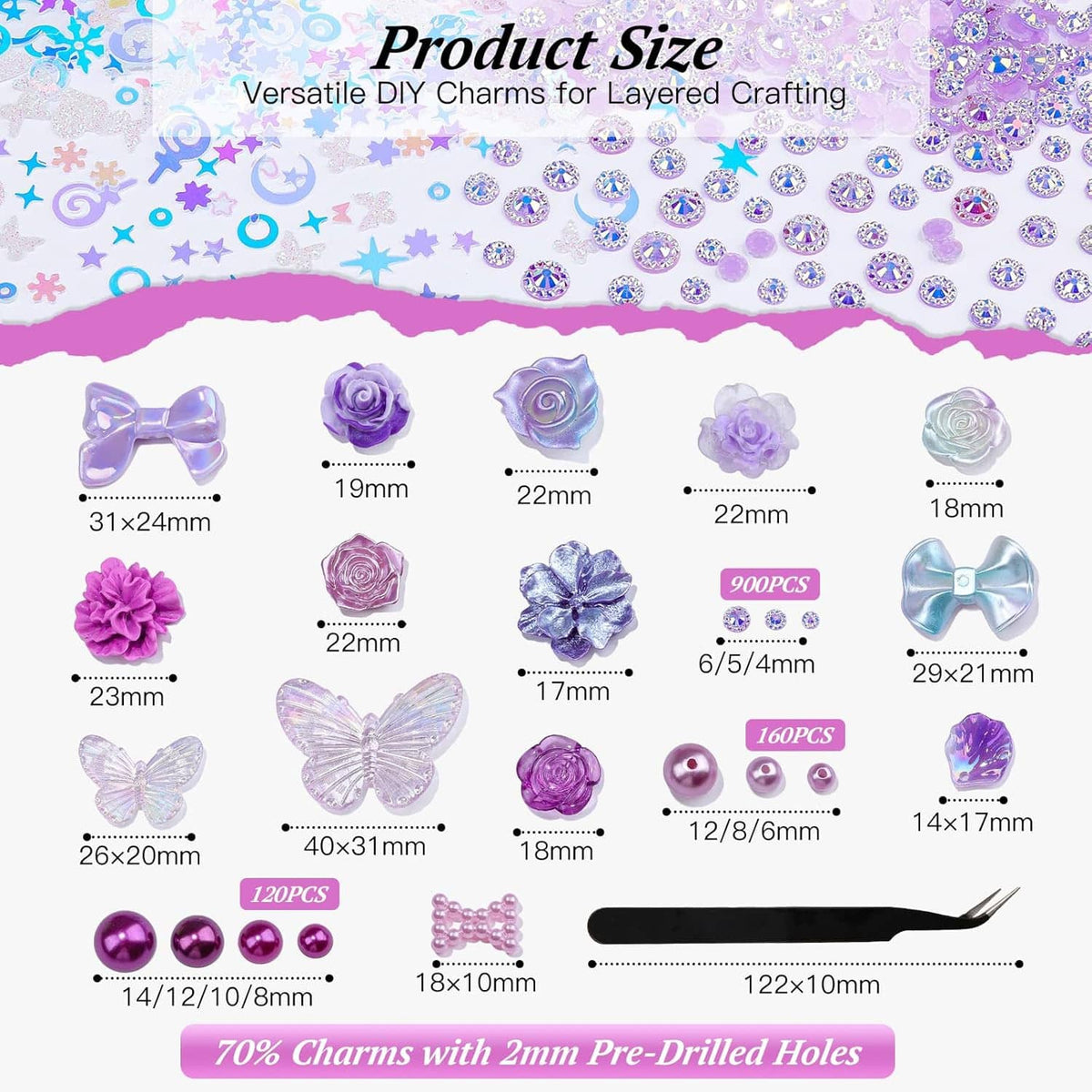 Resin charm beads with size details, including roses, bows, butterflies, and sparkling accents
