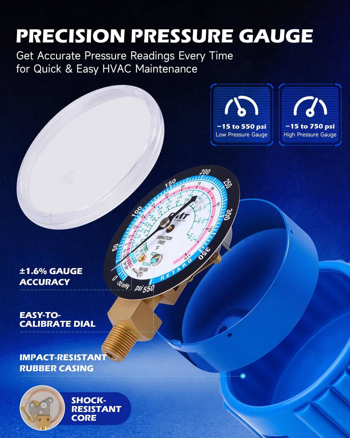 Precision pressure gauge with dual scale dial and shock-resistant rubber casing