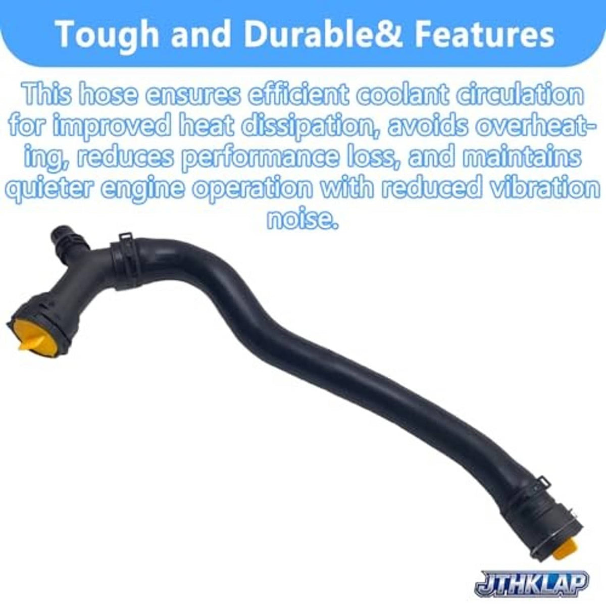 Black coolant hose with yellow connector, angled elbows, and clamp fittings