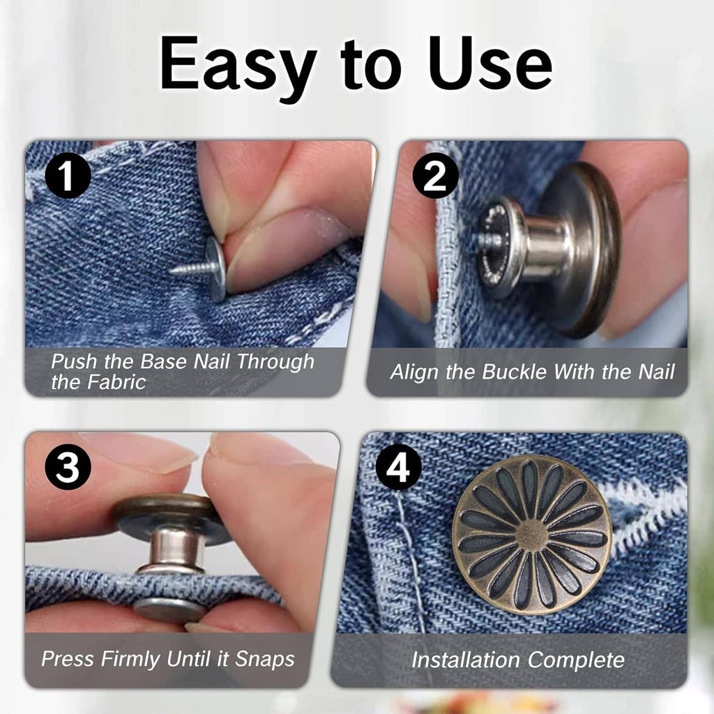 No-sew metal snap fasteners installed on blue denim, hands pressing