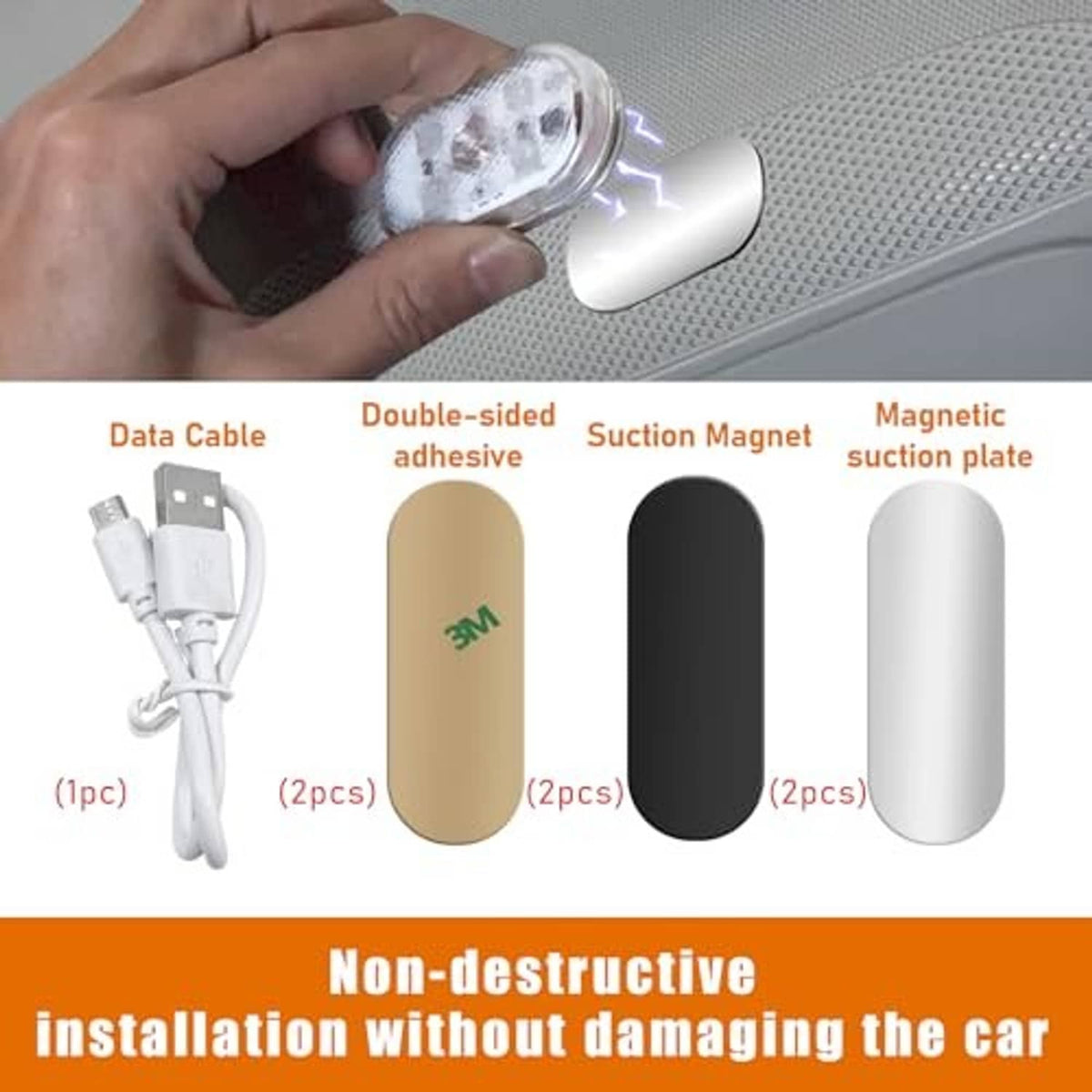 Hand installs an oval LED car interior light; shows magnetic/suction mounting style.