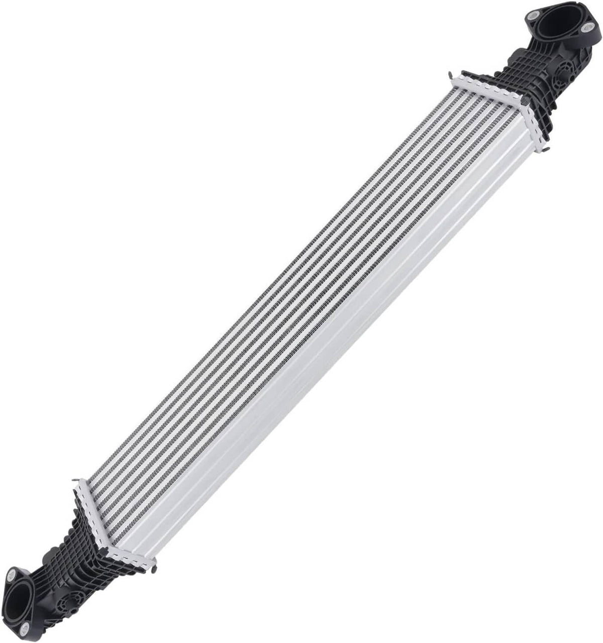 Turbo charge air intercooler angled view with silver fin core and black end caps
