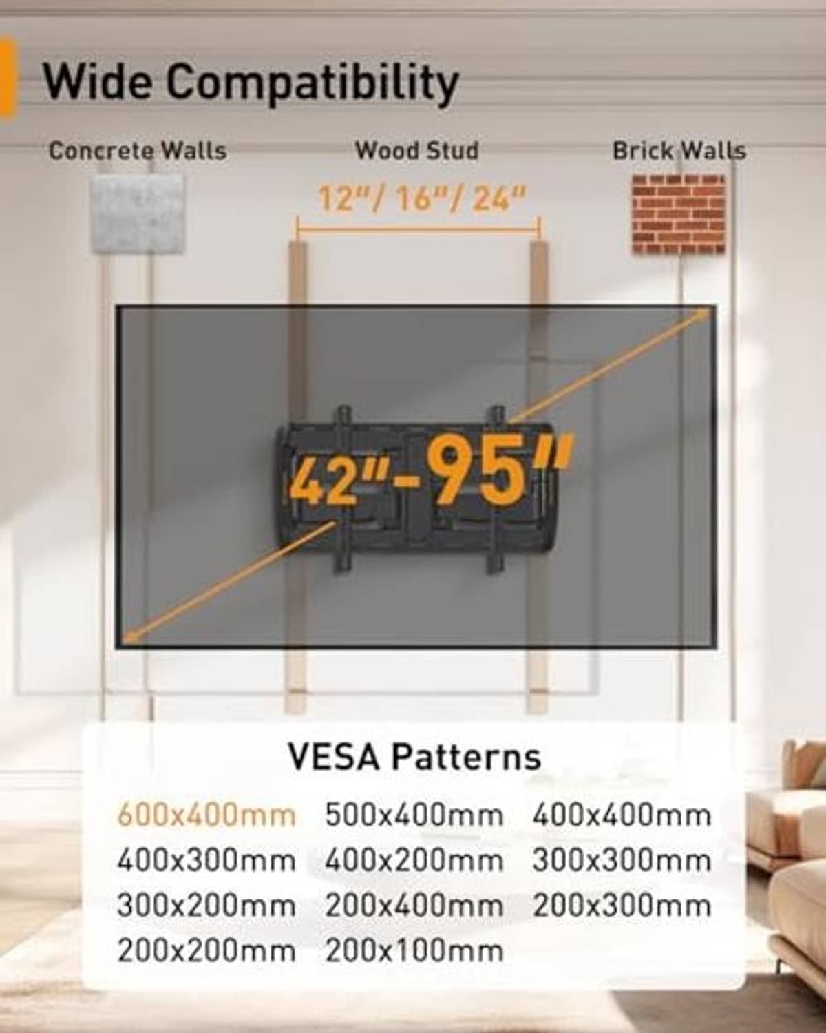 TV wall mount supports 42–95 in TVs and multiple VESA patterns