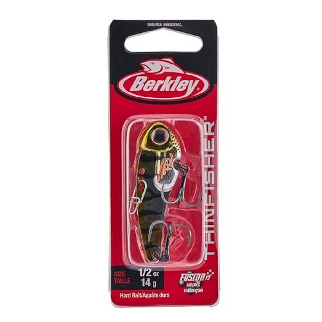 Berkley Finisher blade bait lure blister pack with perch-colored lure and treble hooks