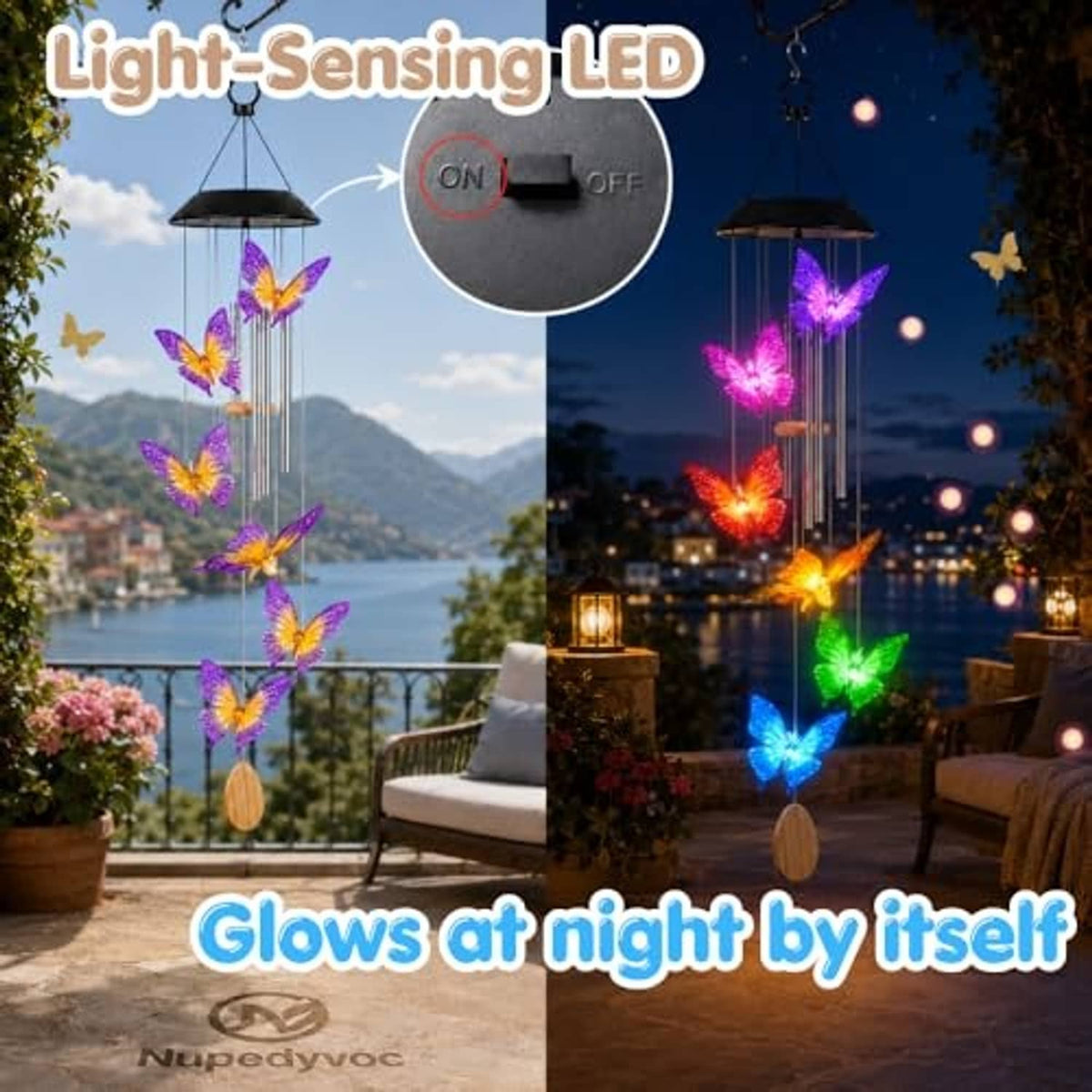 Solar LED butterfly wind chime with light-sensing LED glow and multicolor butterfly cutouts