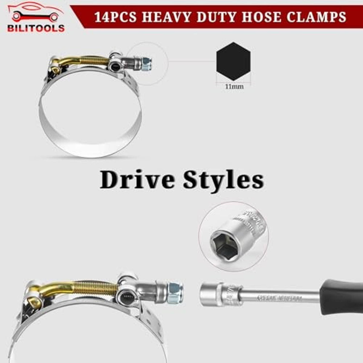Heavy-duty T-bolt hose clamp set, chrome clamps with gold bands, drive style socket