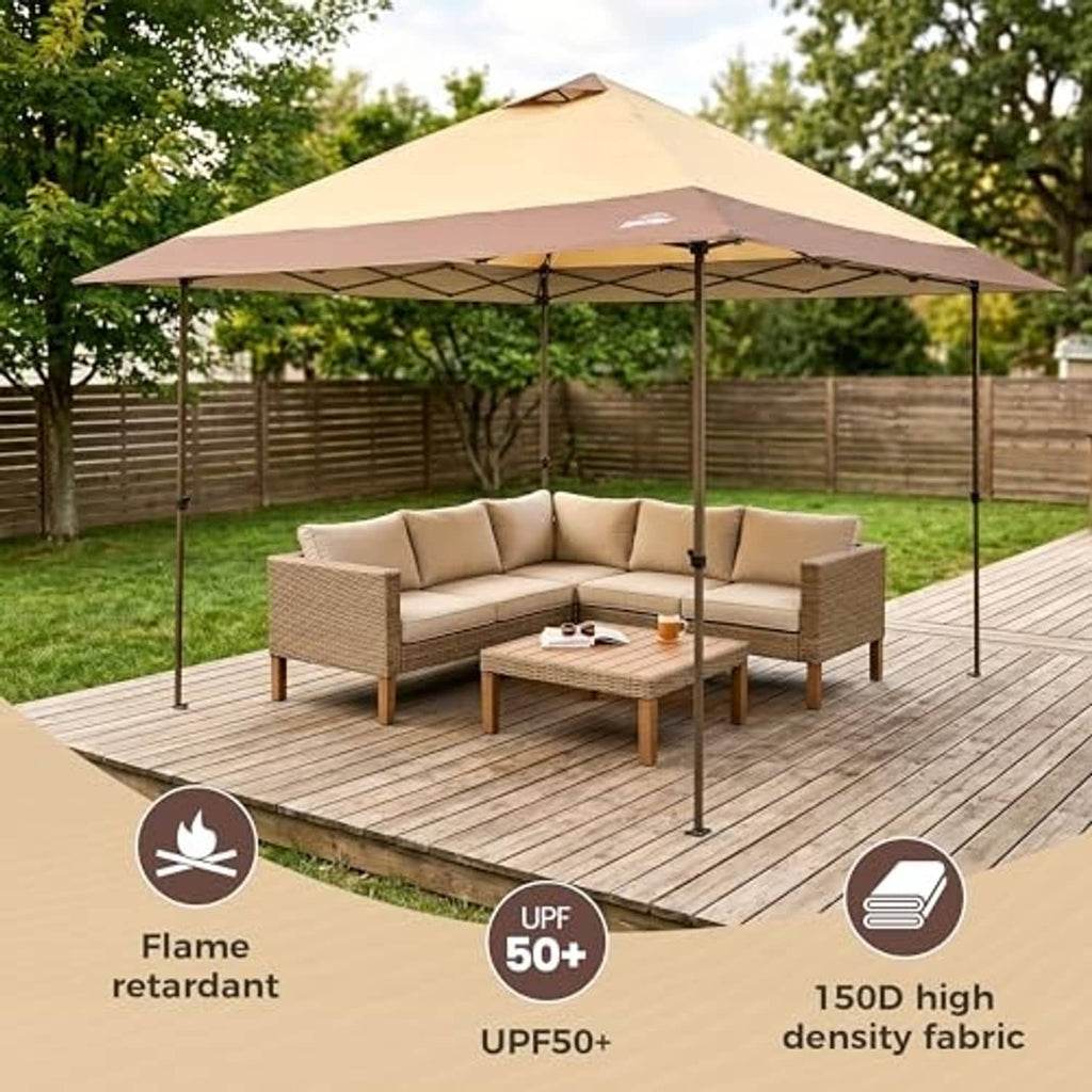 Khaki canopy replacement top cover over outdoor patio seating with UPF icons