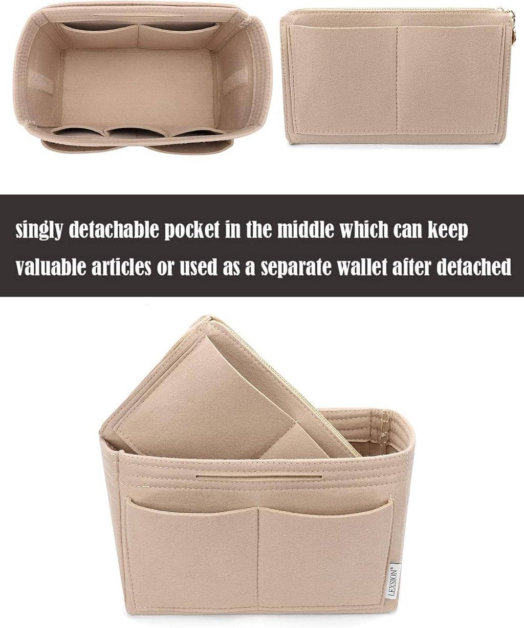 Beige felt purse organizer insert with zipper, front panel and interior compartments